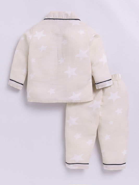 Starry Beige Cotton Full Sleeves Nightwear Set