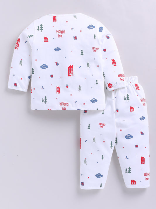 'Christmas' White Cotton Knitted Full Sleeve Night Suit