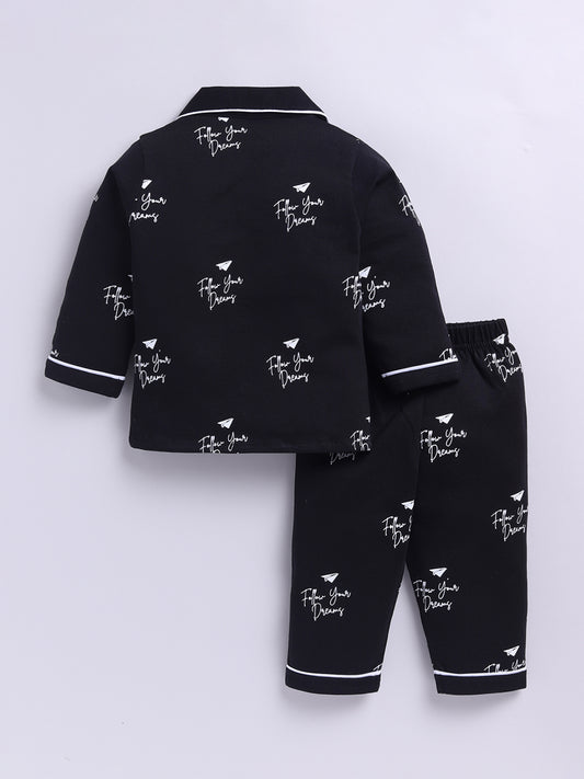 Black Cotton Knitted Typography Full Sleeve Night Suit