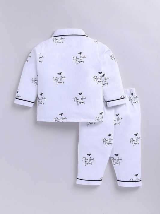 White Cotton Knitted Typography Full Sleeve Night Suit