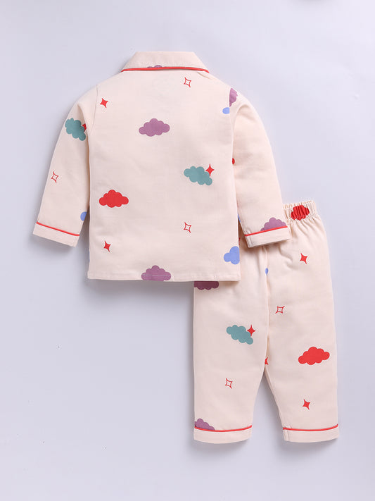 'Clouds' Beige Cotton Knitted Full Sleeve Night Suit