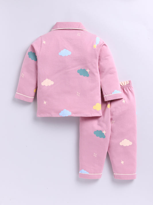 'Clouds' Mauve Cotton Knitted Full Sleeve Night Suit