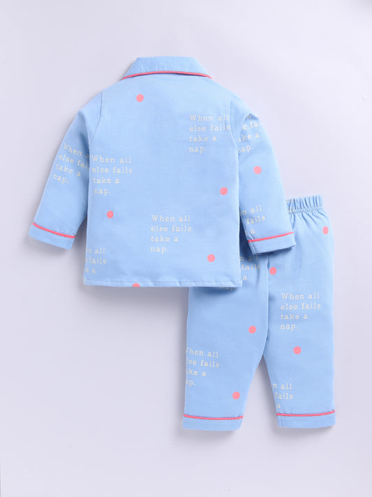 Blue Cotton Knitted Typography Full Sleeve Night Suit