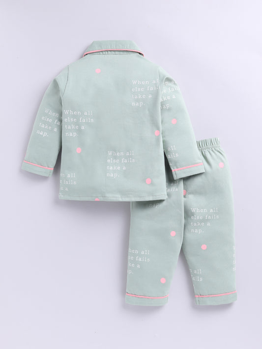 Green Cotton Knitted Typography Full Sleeve Night Suit