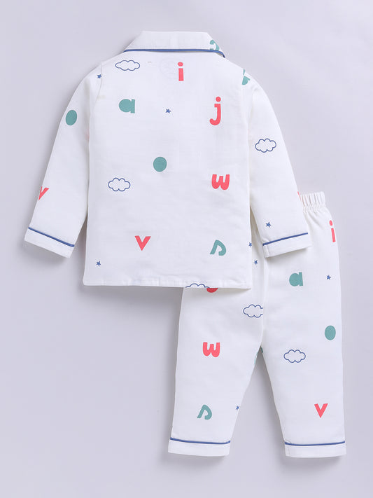 Off-white Cotton Typography Full Sleeve Night Suit