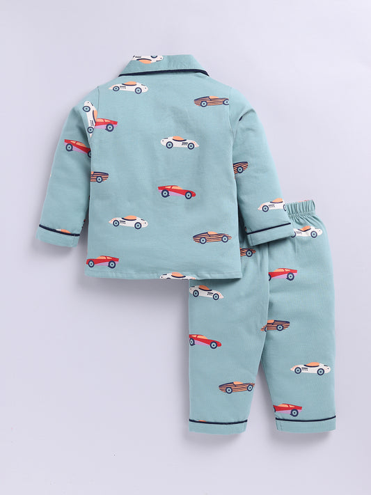 'Cars' Green Cotton Knitted Full Sleeve Night Suit