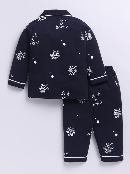 'Snowflake' Blue Cotton Knitted Full Sleeve Night Suit