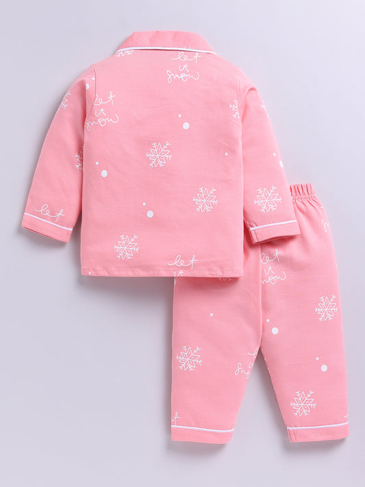 'Snowflake' Pink Cotton Knitted Full Sleeve Night Suit