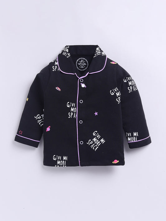 Black Cotton Knitted Typography Full Sleeve Night Suit