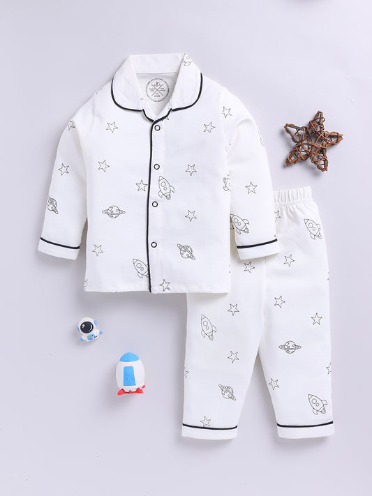 Off-white Cotton Knitted Typography Full Sleeve Night Suit