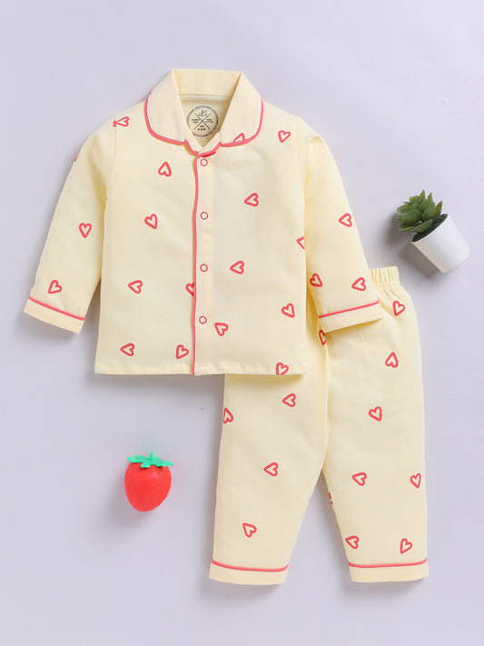 Yellow Hearts Cotton Knitted Full Sleeve Night Suit