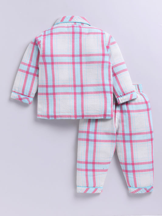 Blue Cotton Woven Checked Full Sleeve Night Suit