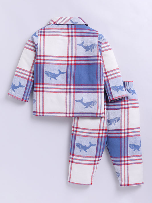 Blue Checked with Shark Print Flannel Full Sleeve Night Suit