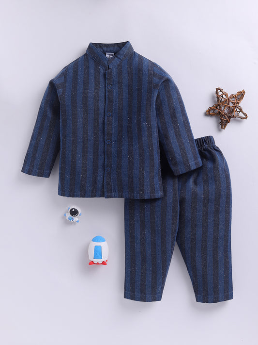 "Let it Snow" Denim Winter Theme Blue Striped Full Sleeve Night Suit