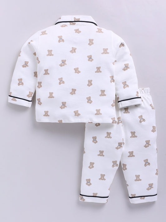 Off-white Cotton Knitted Teddy Full Sleeve Night Suit