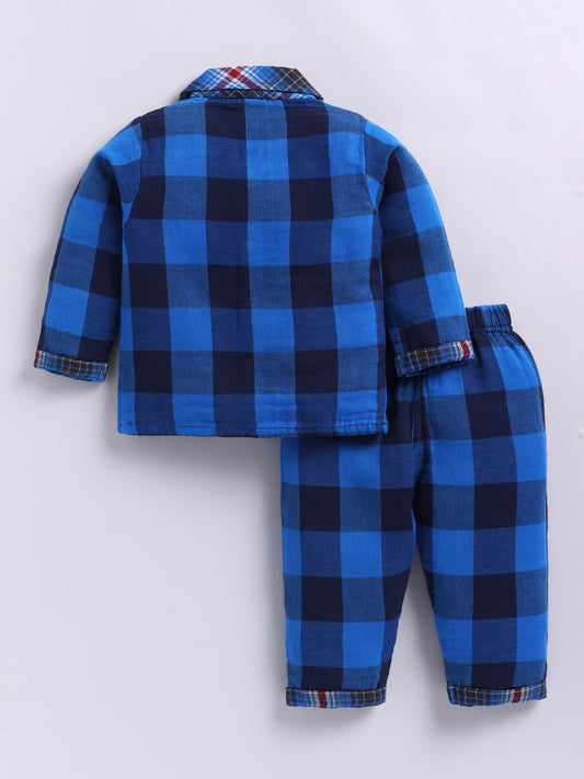 Muslin Blue Cotton Woven Checked Full Sleeve Night Suit
