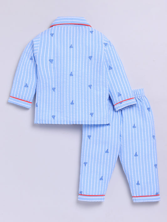 Blue Cotton Woven Striped Full Sleeve Night Suit