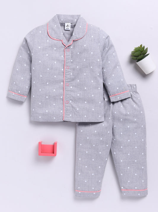 'Mini Influencer' Backprint Grey Polka Dots Full Sleeve Night Suit