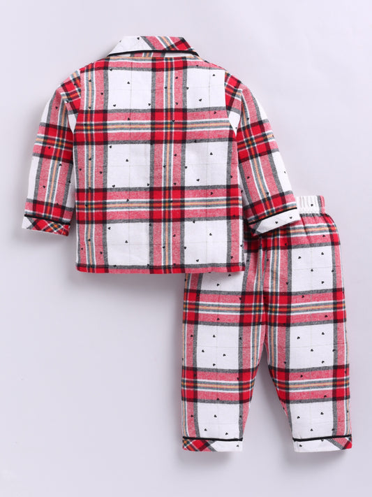 Red Cotton Woven Checked Full Sleeve Night Suit