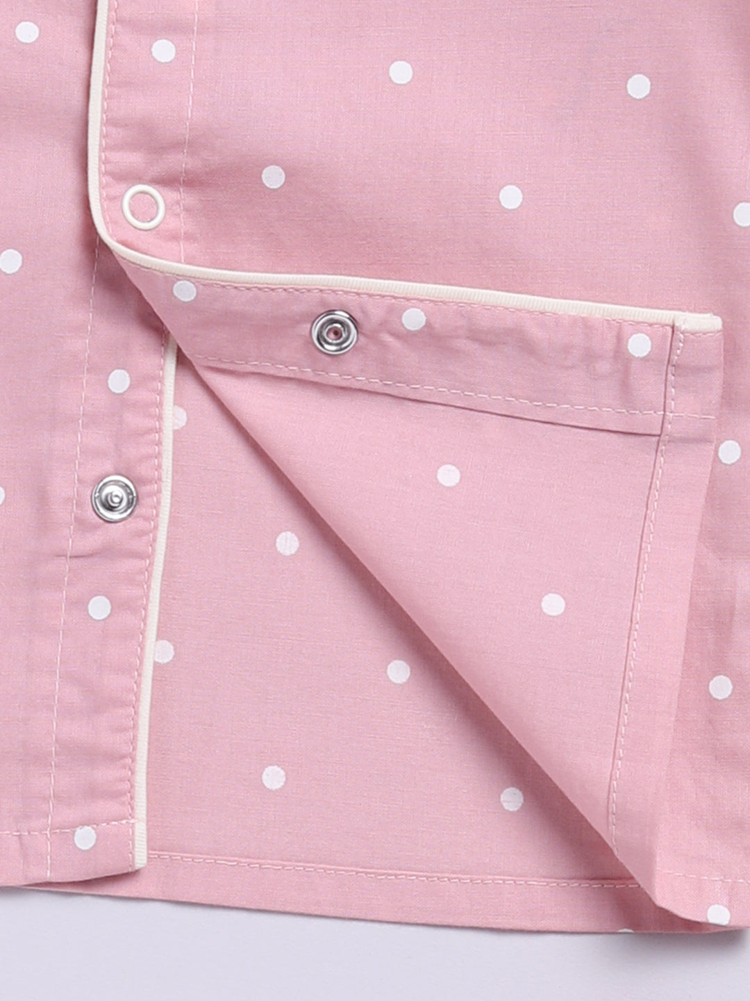 Pink Cotton Woven Polka Dots Full Sleeve Night Suit