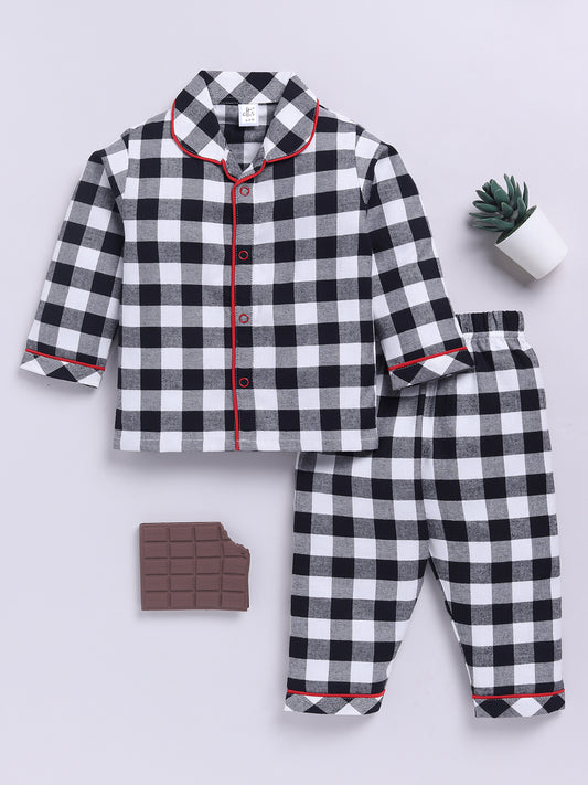 Black Cotton Woven Checked Full Sleeve Night Suit