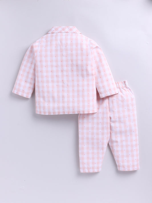 Peach Cotton Woven Checked Full Sleeve Night Suit