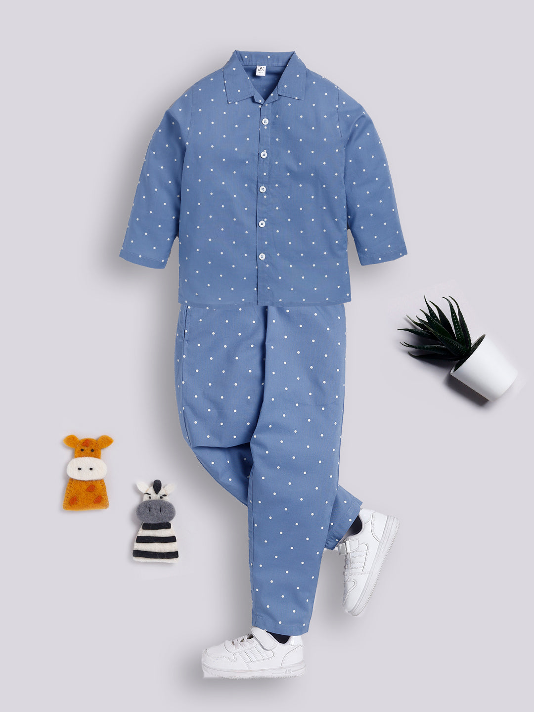 Blue Full Sleeves Polka Dots Night Suit
