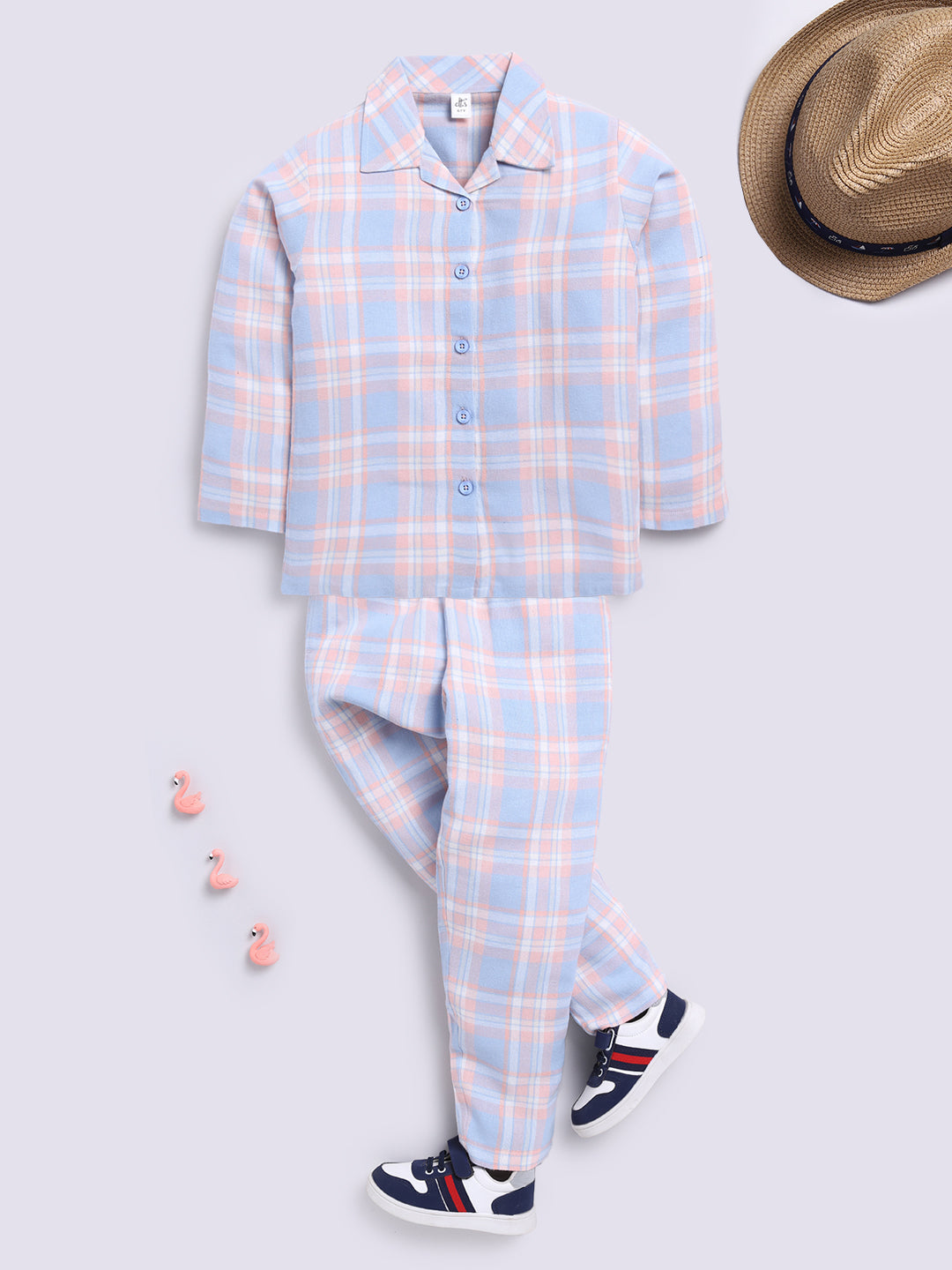 Peach Full Sleeves Checked Flannel Night Suit