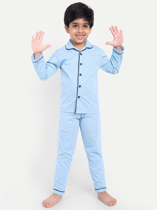 Blue Cotton Knitted Typography Full Sleeve Night Suit