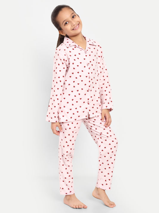 Hearts Pink Cotton Woven Flannel Full Sleeve Night Suit