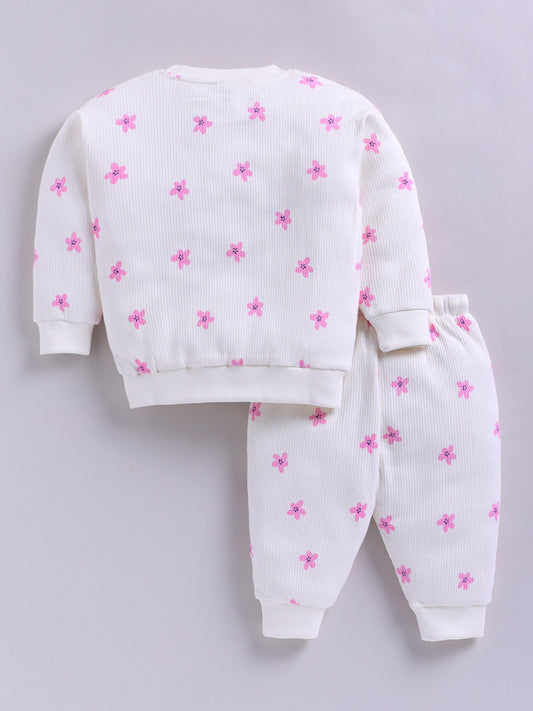 Cream Cotton Knitted Floral Full Sleeve Co-ord Set