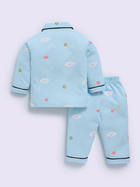 Blue Cotton Graphic Full Sleeve Night Suit