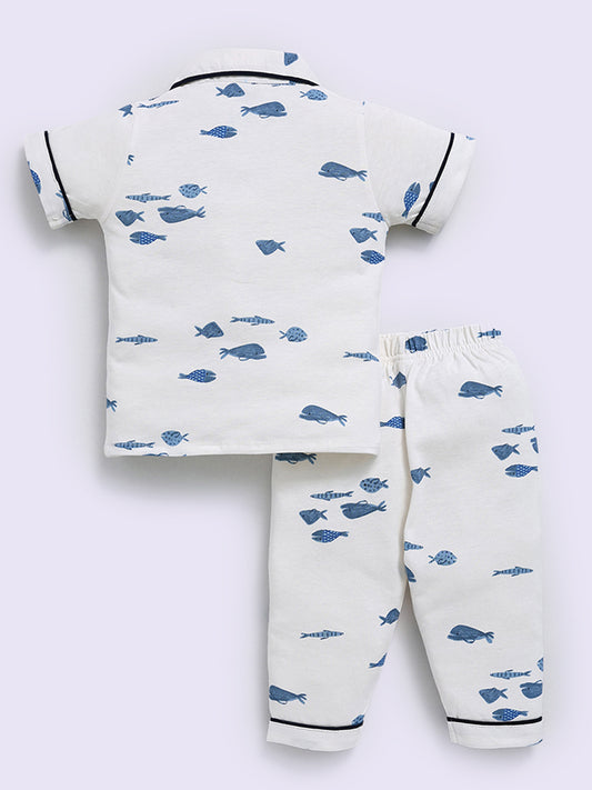 'Sea World' Blue Cotton Half Sleeve Night Suit