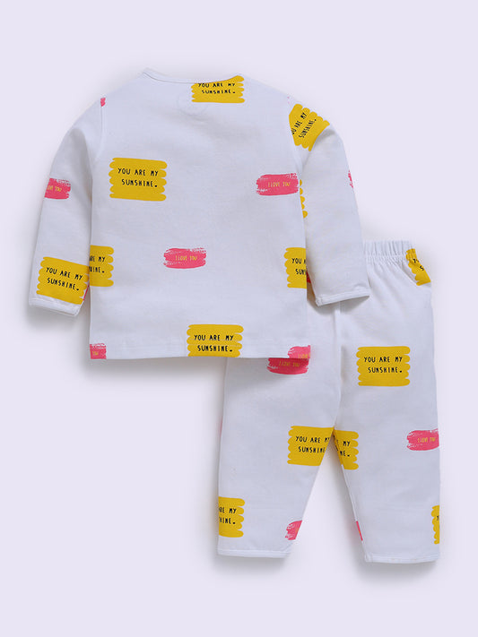 White Cotton Typography Full Sleeve Night Suit