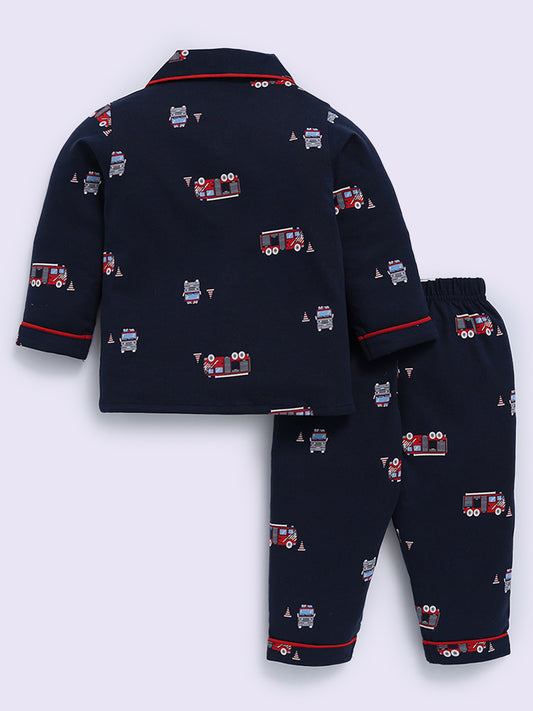 'Vehicles' Blue Cotton Full Sleeve Night Suit