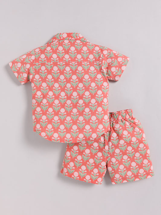Coral Cotton Floral Half Sleeve Co-ord Set