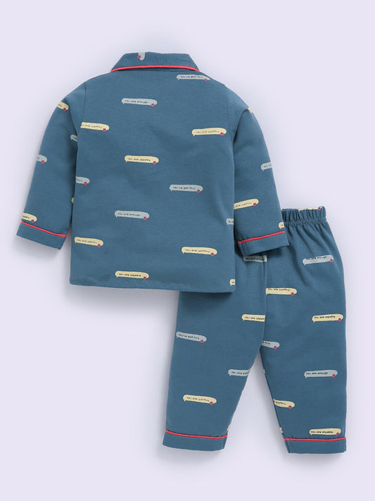 Blue Cotton Typography Full Sleeve Night Suit