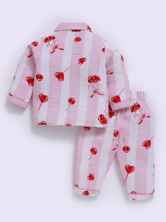 "Cherries" Pink Full Sleeves Cotton Nightwear Set