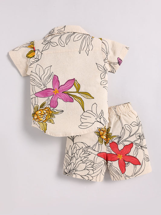 Cream Cotton Floral Half Sleeve Co-ord Set