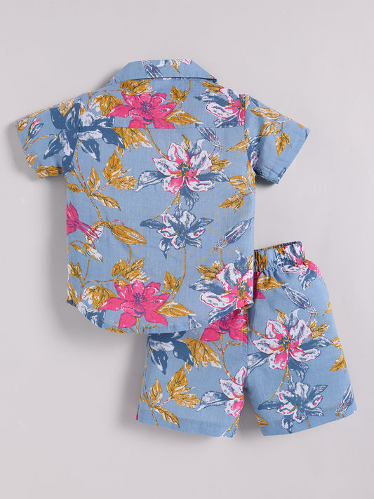 Blue Cotton Floral Half Sleeve Co-ord Set