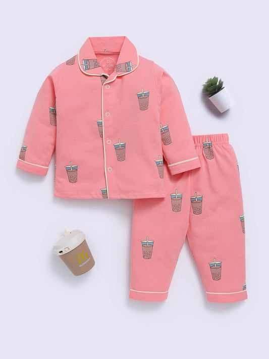 Pink Cotton Typography Full Sleeve Night Suit