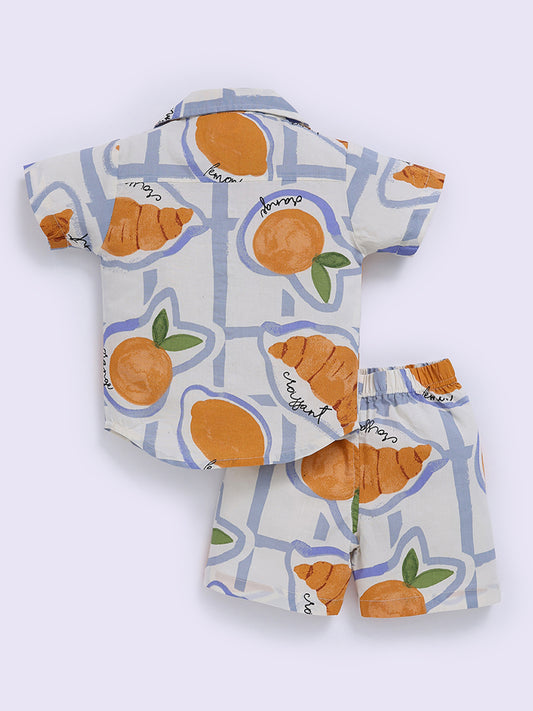 Off White Cotton Graphic Half Sleeve Co-ord Set