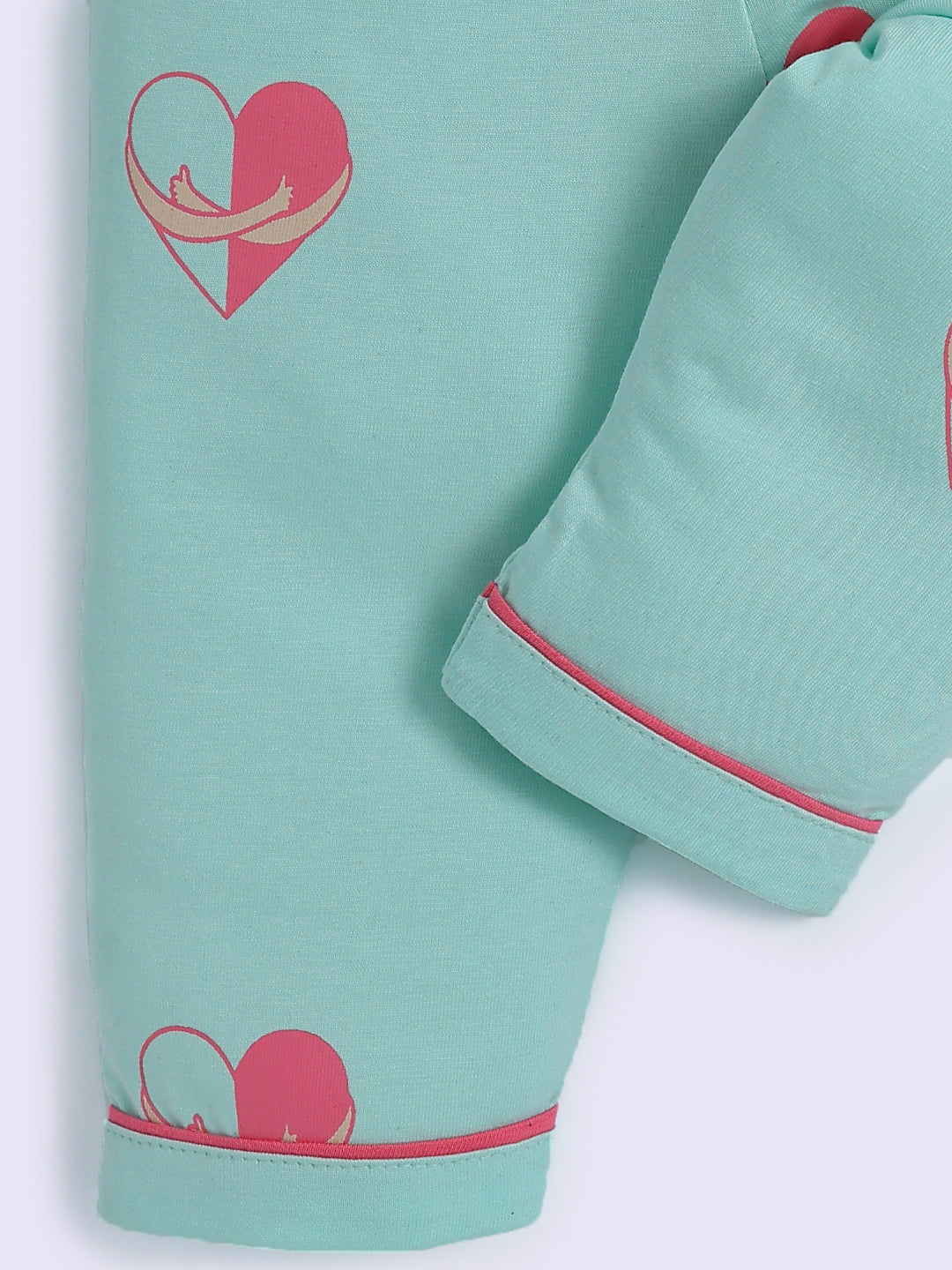 Hearts Theme Sea Green Cotton Full Sleeve Night Suit