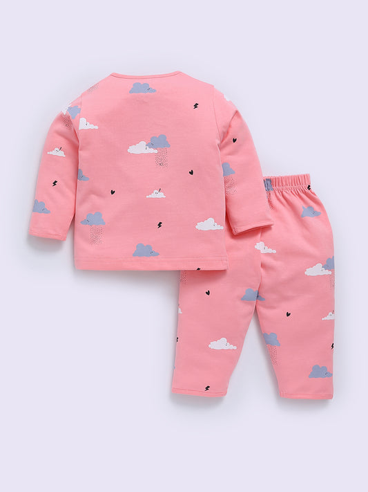 'Clouds' Pink Cotton Full Sleeve Night Suit