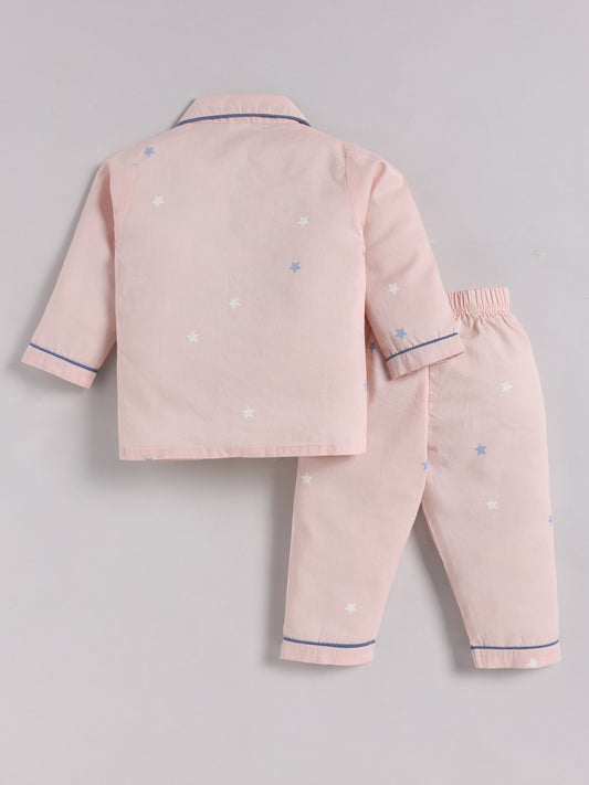 "Starry" Pink Cotton Full Sleeve Night Suit