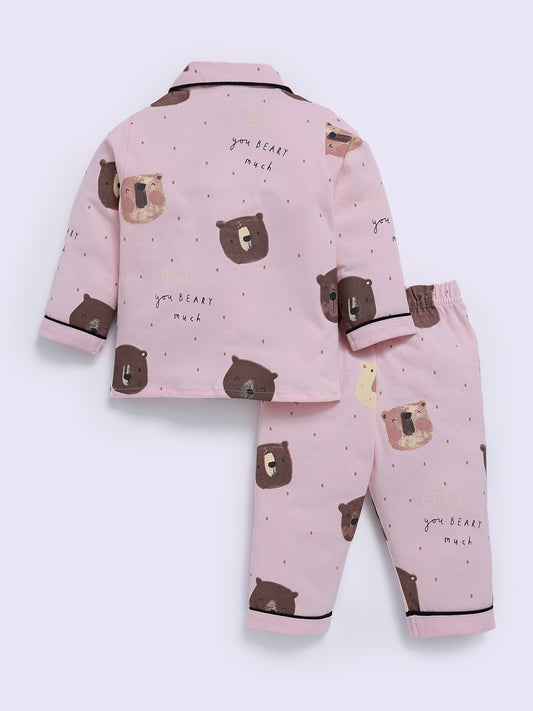 Pink Cotton Bear Print Full Sleeve Night Suit
