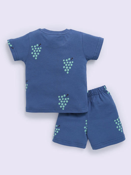 Blue "Grapes" Half Sleeve Cotton Co-ord Set
