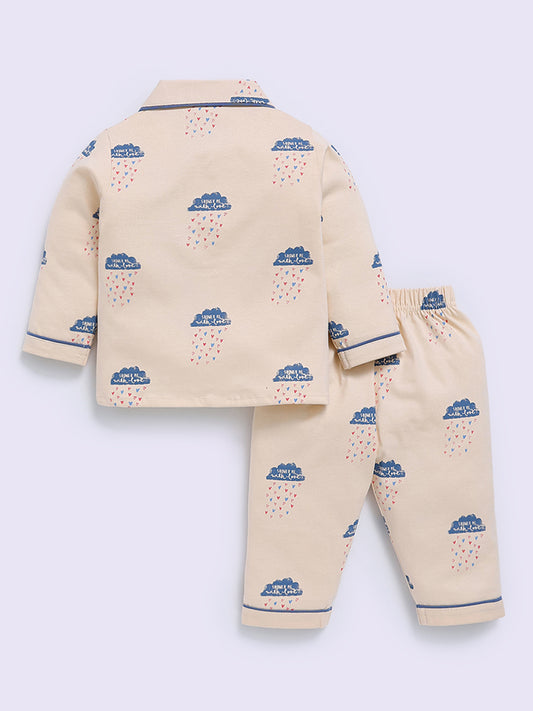 'Clouds' Beige Cotton Full Sleeve Night Suit