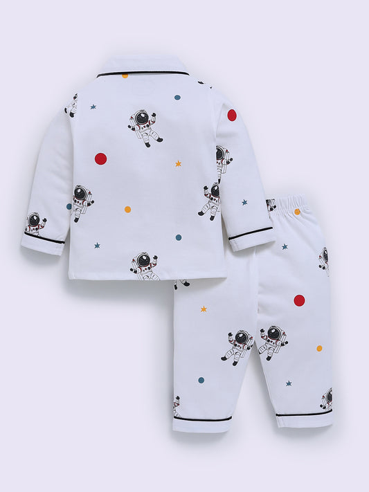 Space Theme White Cotton Full Sleeve Night Suit