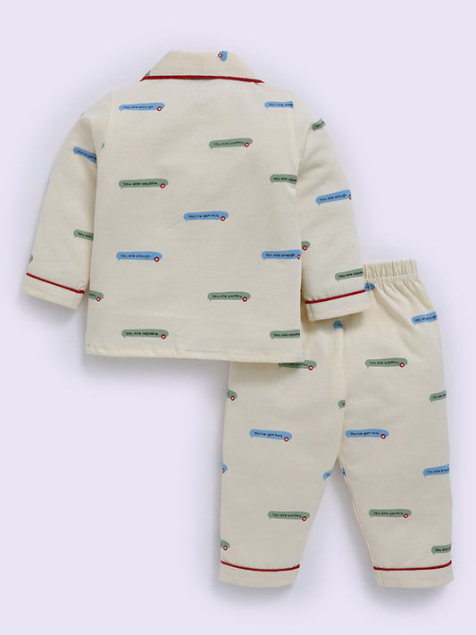 Cream Cotton Typography Full Sleeve Night Suit